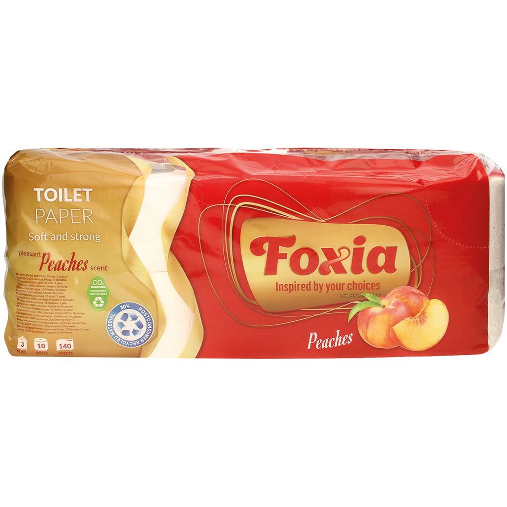 "Foxia"-Toiletpapier, 3-laags (10 rollen x 140 vellen). Met perzikgeur