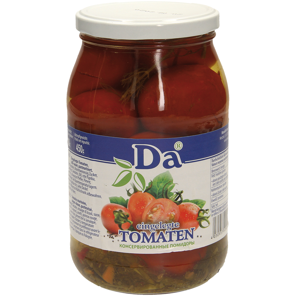 Ingelegde tomaten, zoet-zure, gepasteuriseerd.