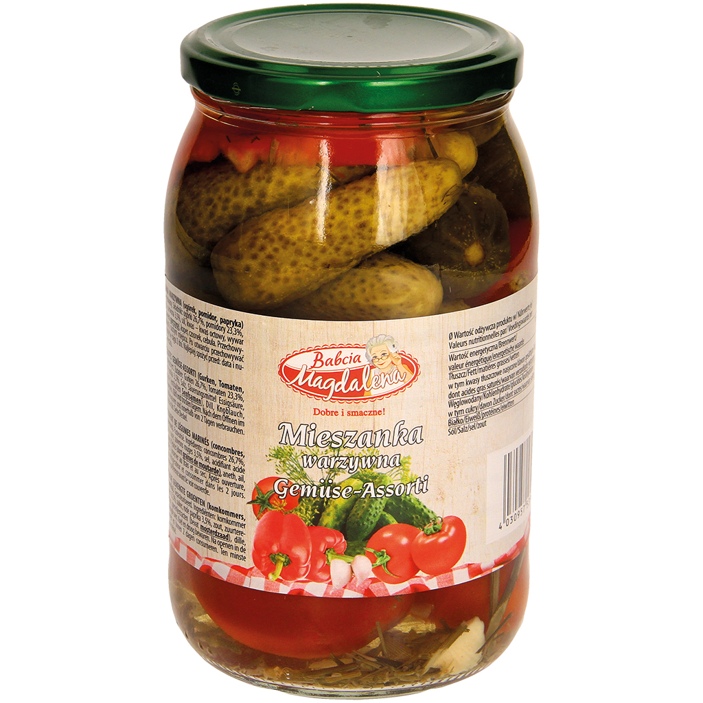 Eingelegde groente-assortiment (komkommers, tomaten, paprika). Gepasteuriseerd
