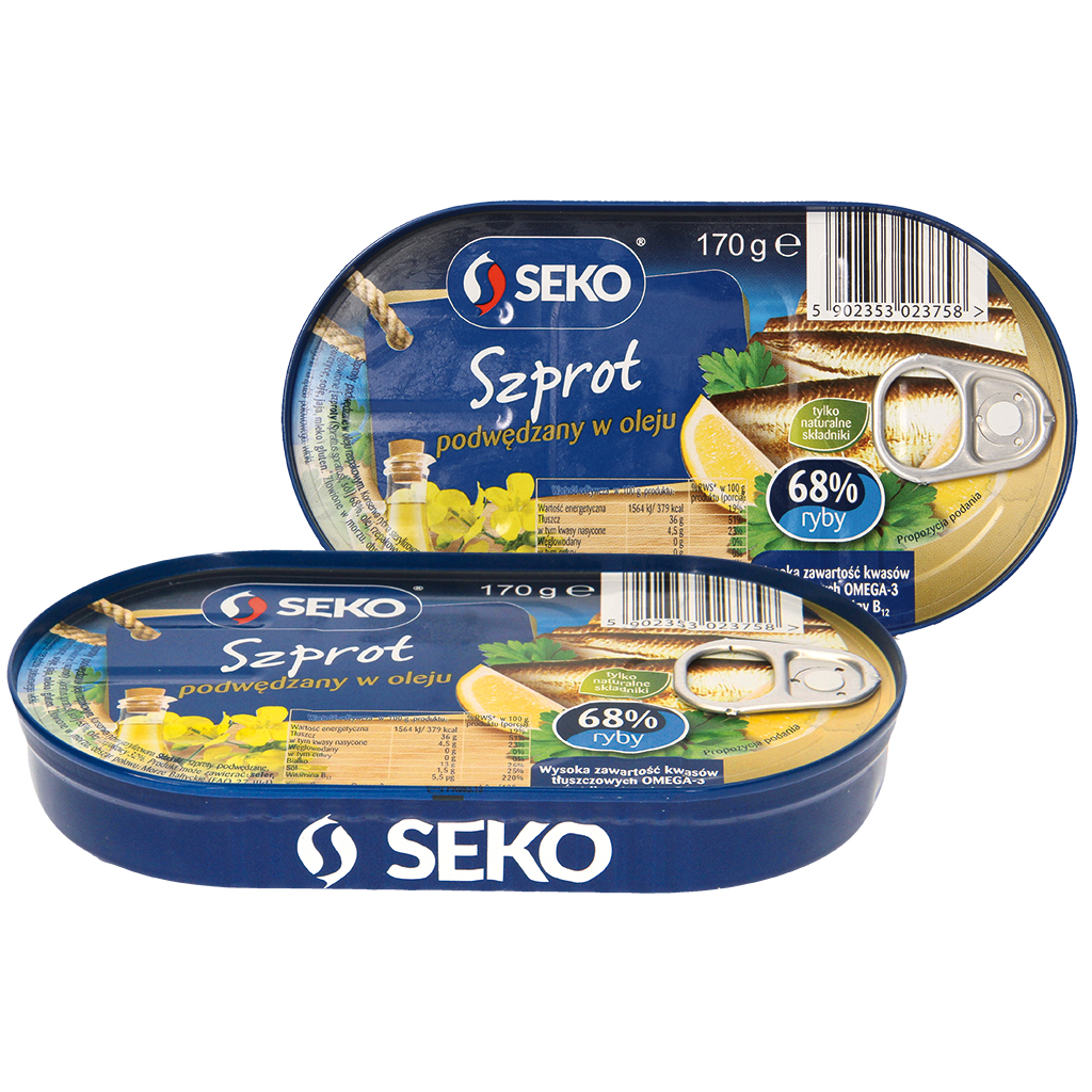 Gerookte sprot (Sprattus Sprattus) in raapzaadolie gezouten. Zonder kop. Gesteriliseerd.