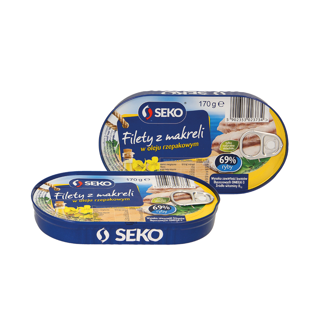 Makrelenfilets (69%), met huid, gesneden, gekookt, in raapzaadolie. Gesteriliseerd.