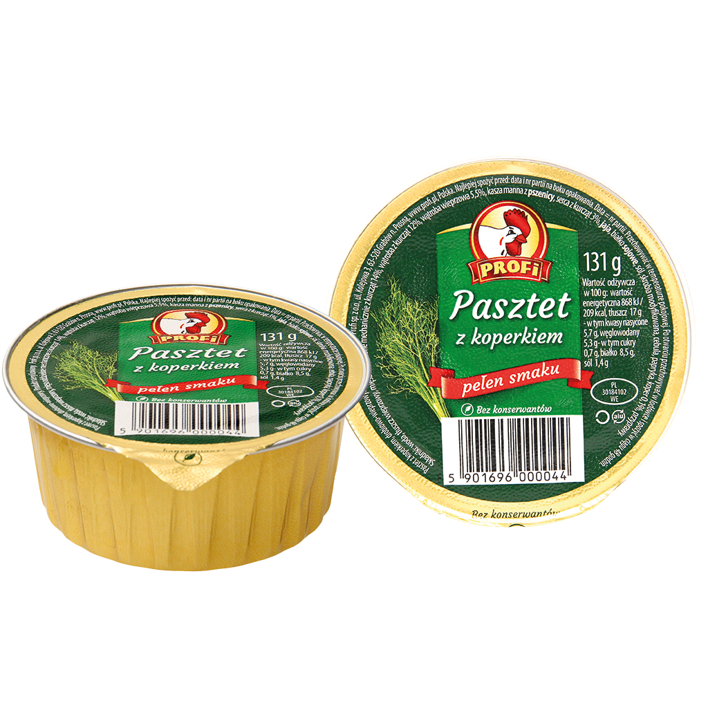 Kipbeleg met kipseparatorvlees en dille, met soja-eiwit en delen van varkensvlees. Gesteriliseerd product. "Pâté met dille"
