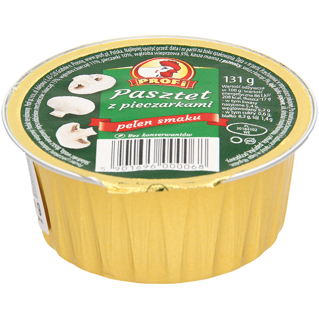 "Pâté met champignons" Vleesbeleg op basis van gevogelte met gescheiden kippenvlees, in de stijl van een Poolse kookworst met champignons. Met soja-eiwit, met delen van varkensvlees. Gesteriliseerd product.