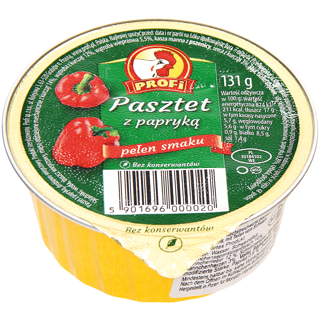 "Paprikapastei" Vleesbeleg met kippenseparatorvlees naar de stijl van een Poolse kookworst met paprika. Met soja-eiwit, met delen van varkensvlees.