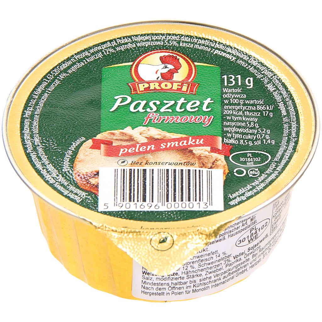 "Merkpastei" Vleesbeleg met gevogelte en kippenseparatorvlees naar de stijl van een Poolse kookworst. Met delen van varkensvlees, met soja-eiwit. Huispecialiteit. Gesteriliseerd product.
