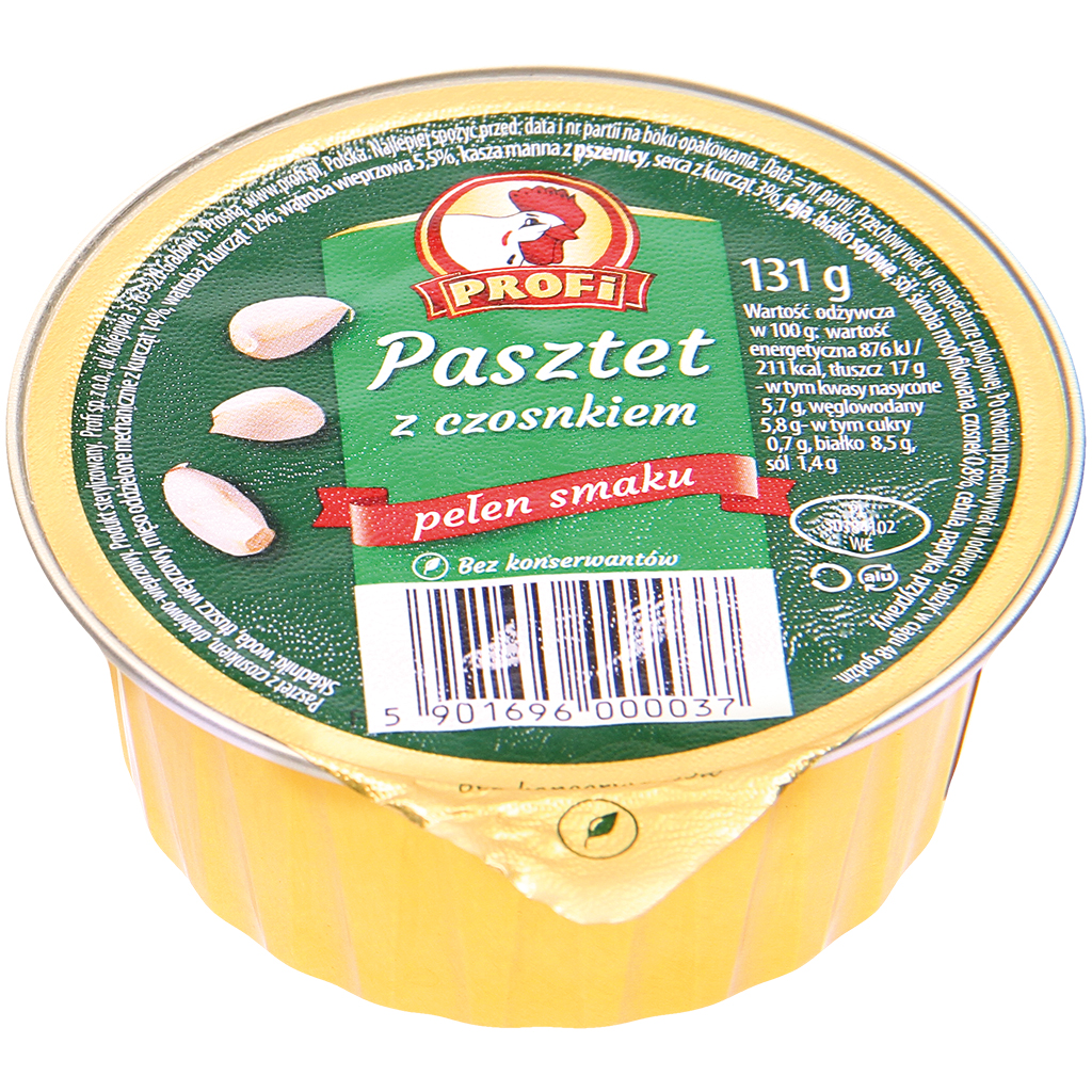 "Paté met knoflook" Vleesbeleg op basis van gevogelte met gescheiden kippenvlees in de stijl van een Poolse kookworst met knoflook. Met soja-eiwit, met delen van varkensvlees. Gesteriliseerd product.