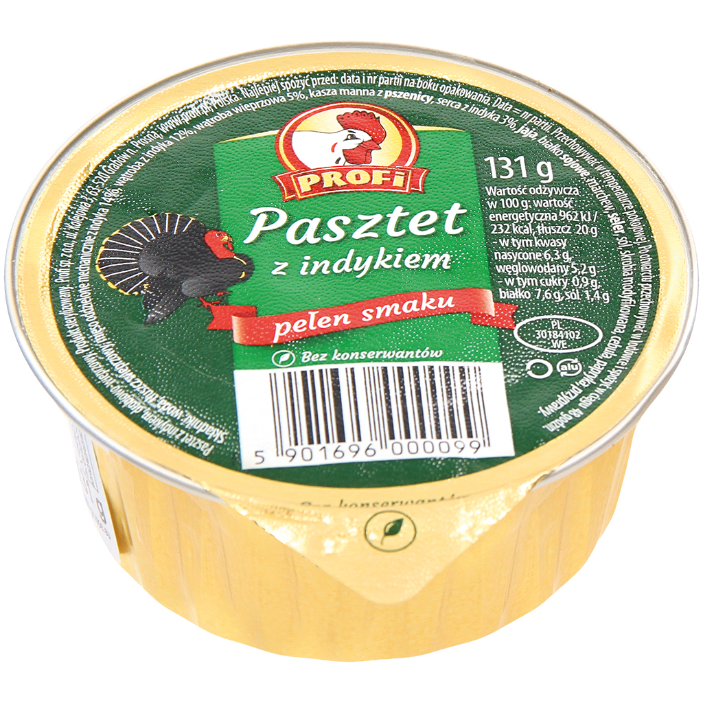 Kalkoenbeleg met kalkoenscheidingvlees naar de stijl van een gekookte worst van Poolse aard. Met soja-eiwit, met delen van varkensvlees.