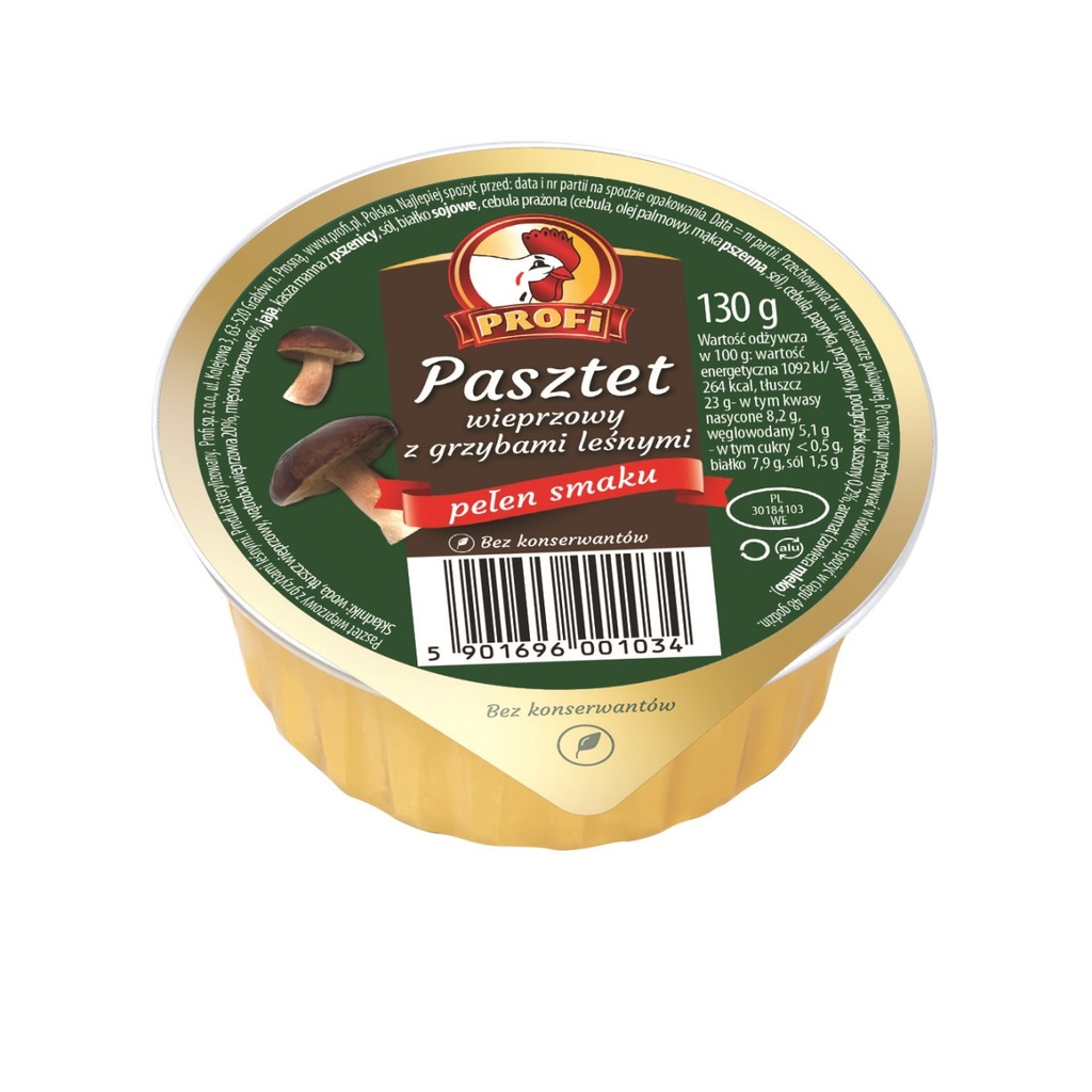 Poolse varkensleverpasta met paddenstoelsmaak. Met soja-eiwit. Gesteriliseerd.