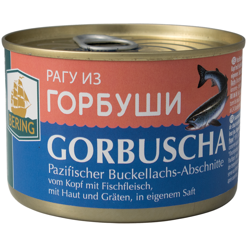 Pazifische Buckellachs-abschnitte van de kop met visvlees, met huid en graten, in eigen sap