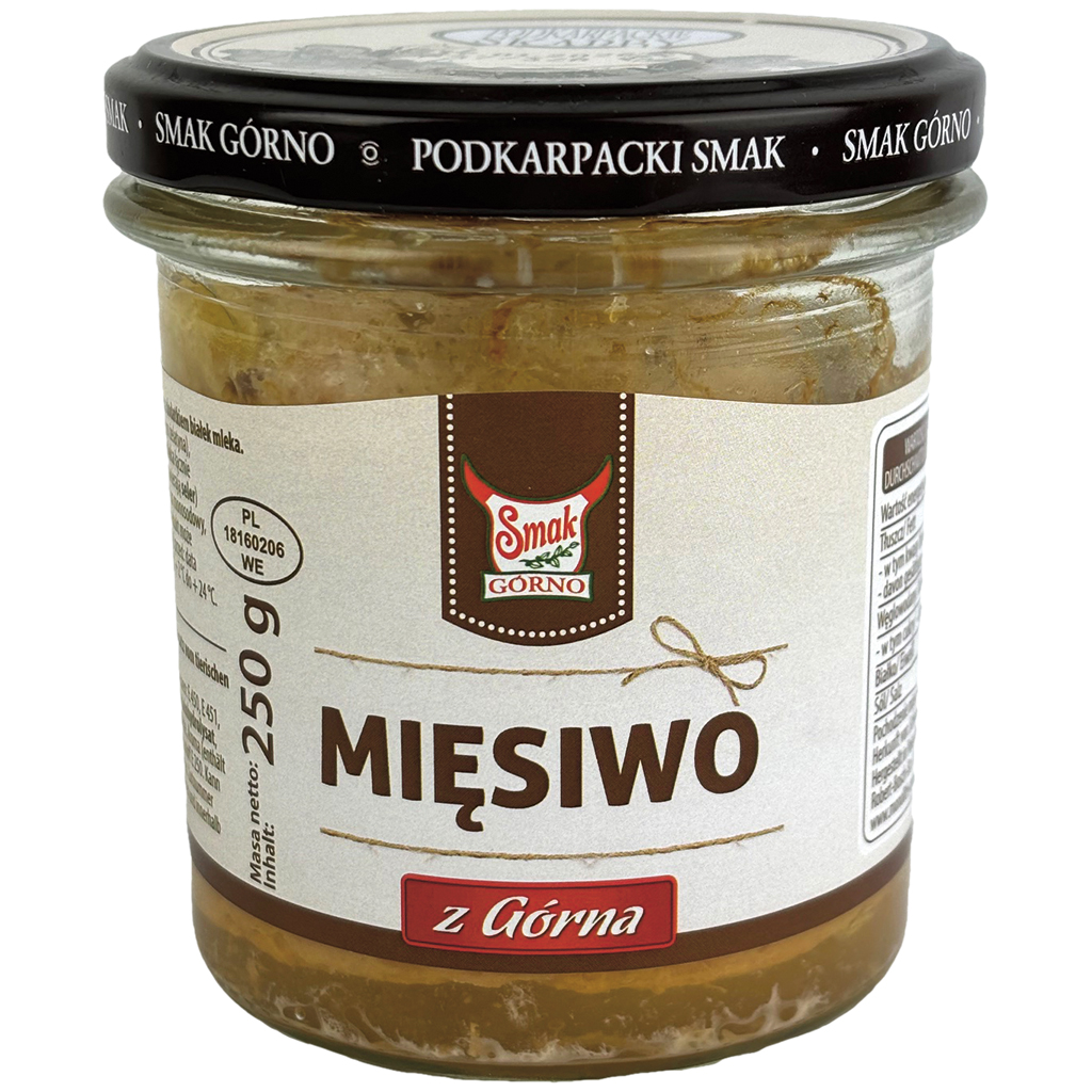 "Miesiwo z Gorna" Varkensvlees grof gehakt, gestoofd. Met toevoeging van dierlijke eiwitten (varken), melk-, soja- en raapzaad-eiwitten. Gesteriliseerd.