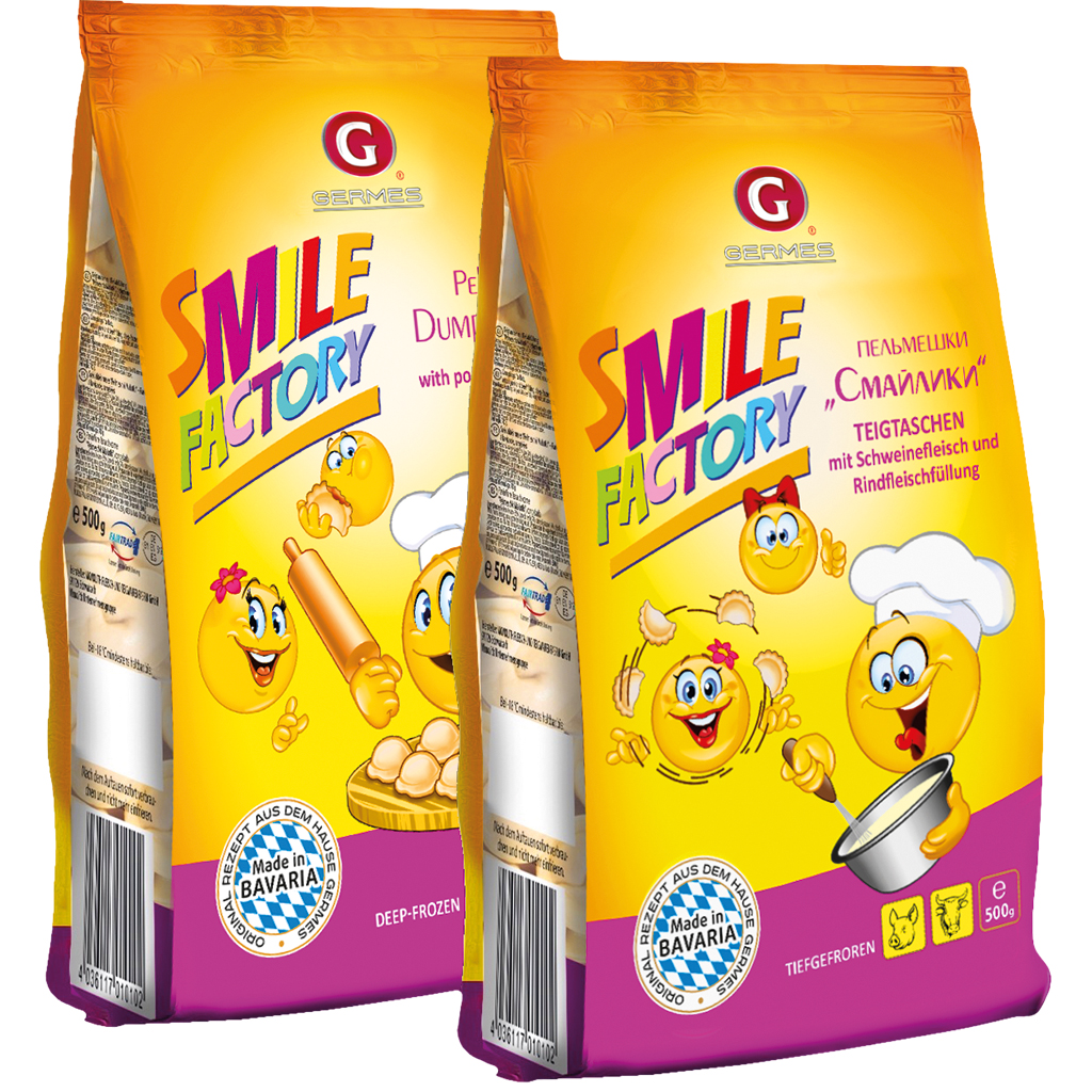 Deegwaren met varkens- en rundvleesvulling "Smile Factory"