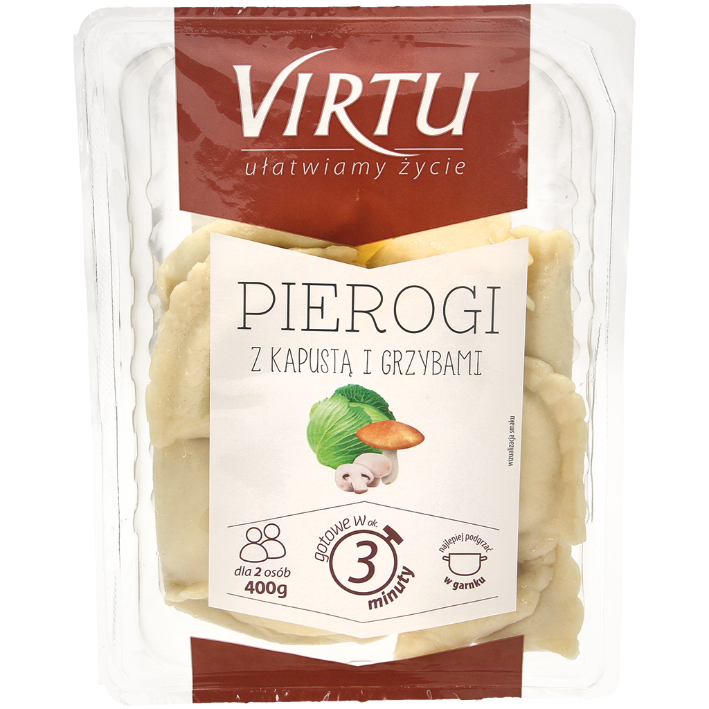 Deegwaren "Pierogi", kant-en-klaar, gevuld met zuurkool, boterchampignons en champignons