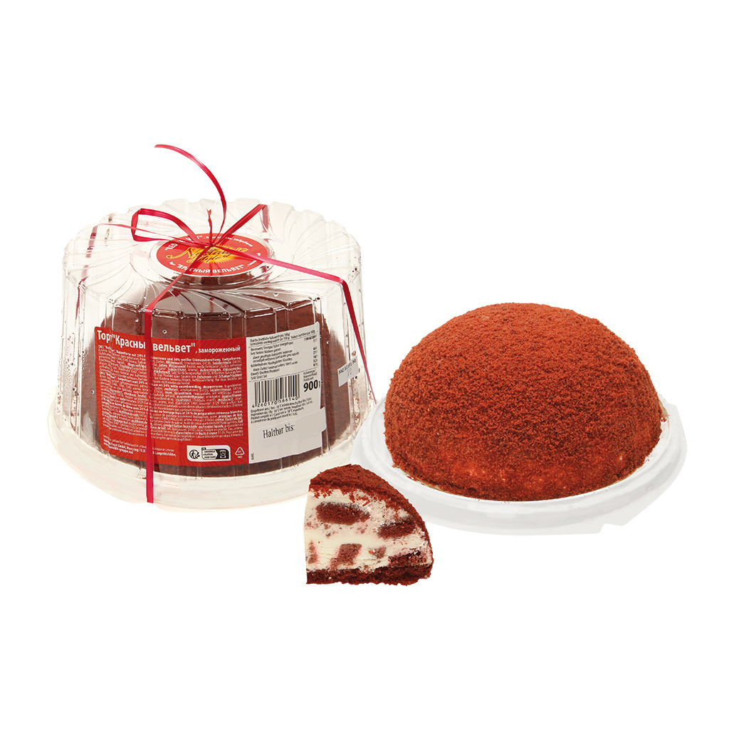 Kuppeltorte "Red Velvet" met 24% roomkaascrème en 24% witte crèmebereiding, diepgevroren