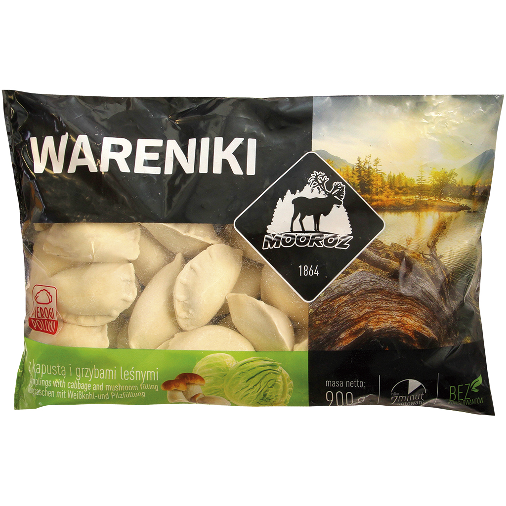 "Pierogi" deegwaren met een vulling van witte kool en paddenstoelen, diepgevroren