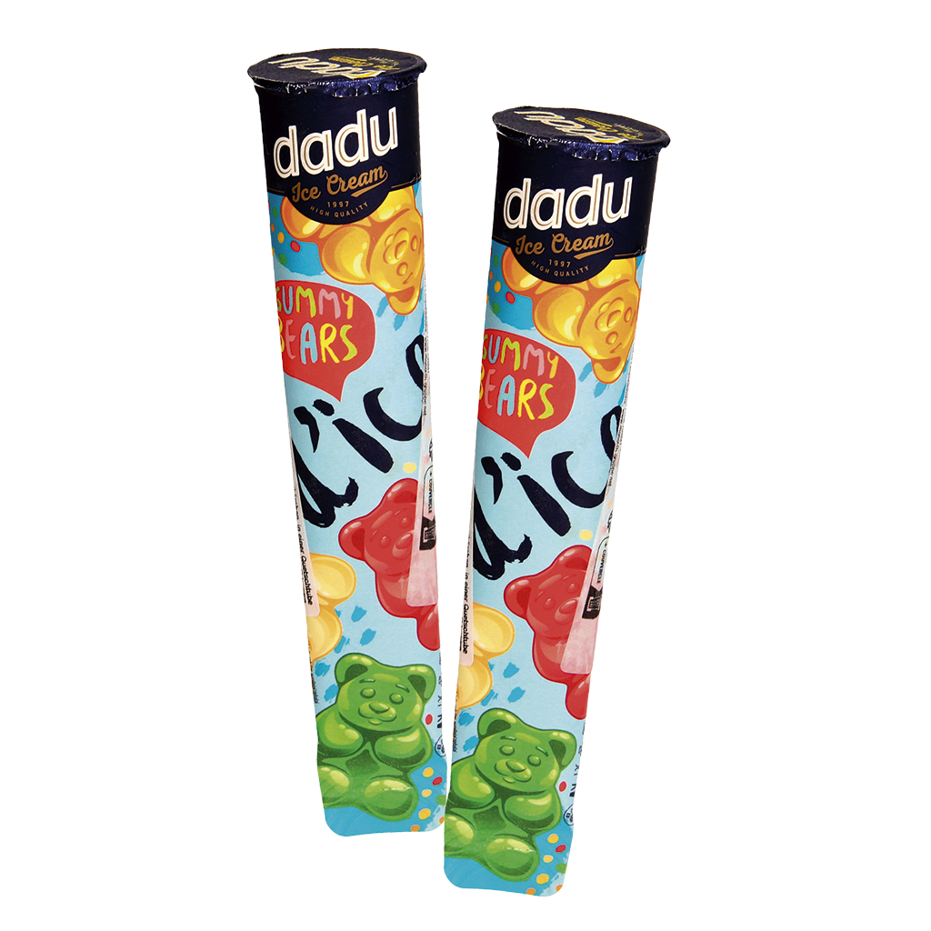 Wassereis met tropische vruchten smaak en gummibeertjes, in een knijptube