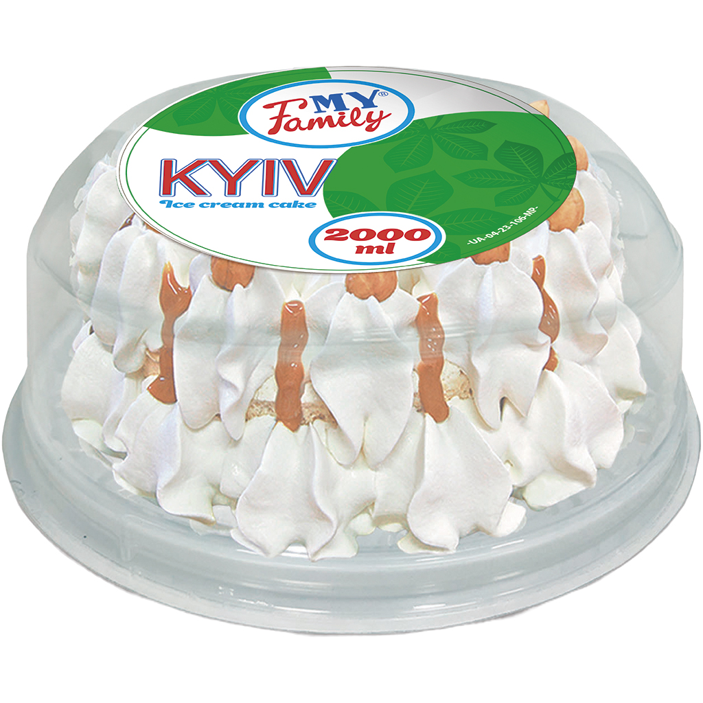 "KYIV" Eistorte met een laag van schuimgebak, met karamelsaus. Versierd met hazelnoten en een logo van cacaohoudende vetglazuur.