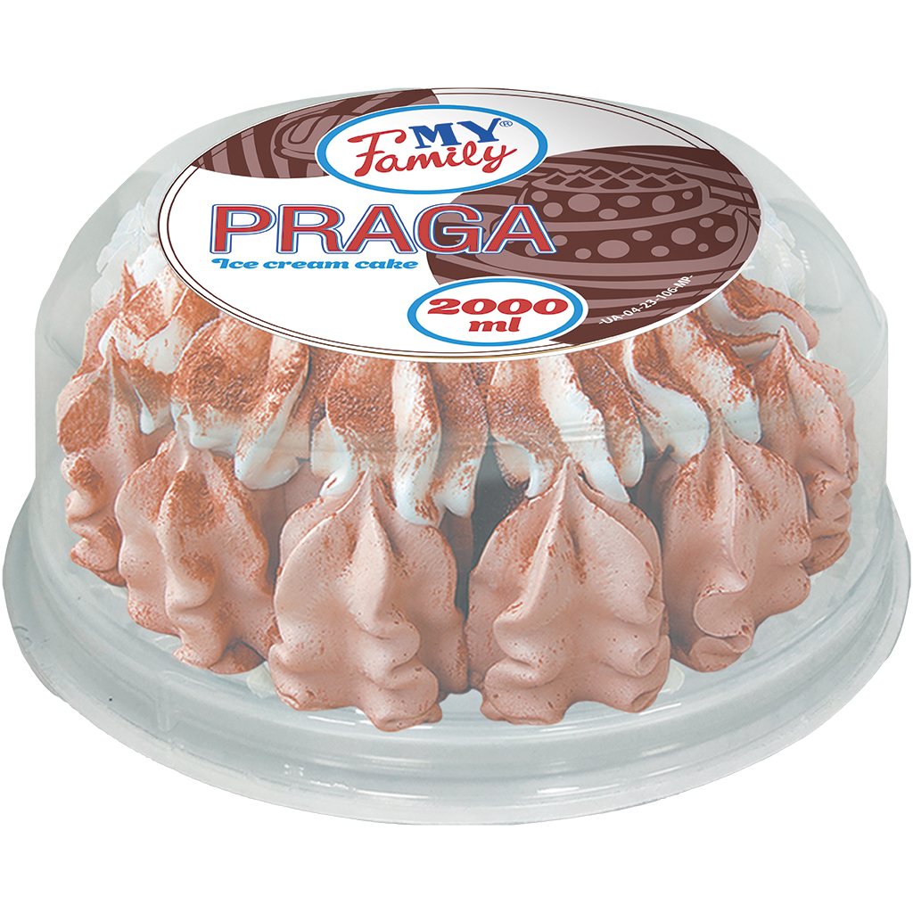 "PRAGA" Ijstaart van ijs met vanillesmaak en ijs met vetarme cacao. Met chocoladesaus en cacao-vetglazuur (7,2%). Bestrooid met vetarme cacao, versierd met een logo van cacao-vetglazuur (0,9%).