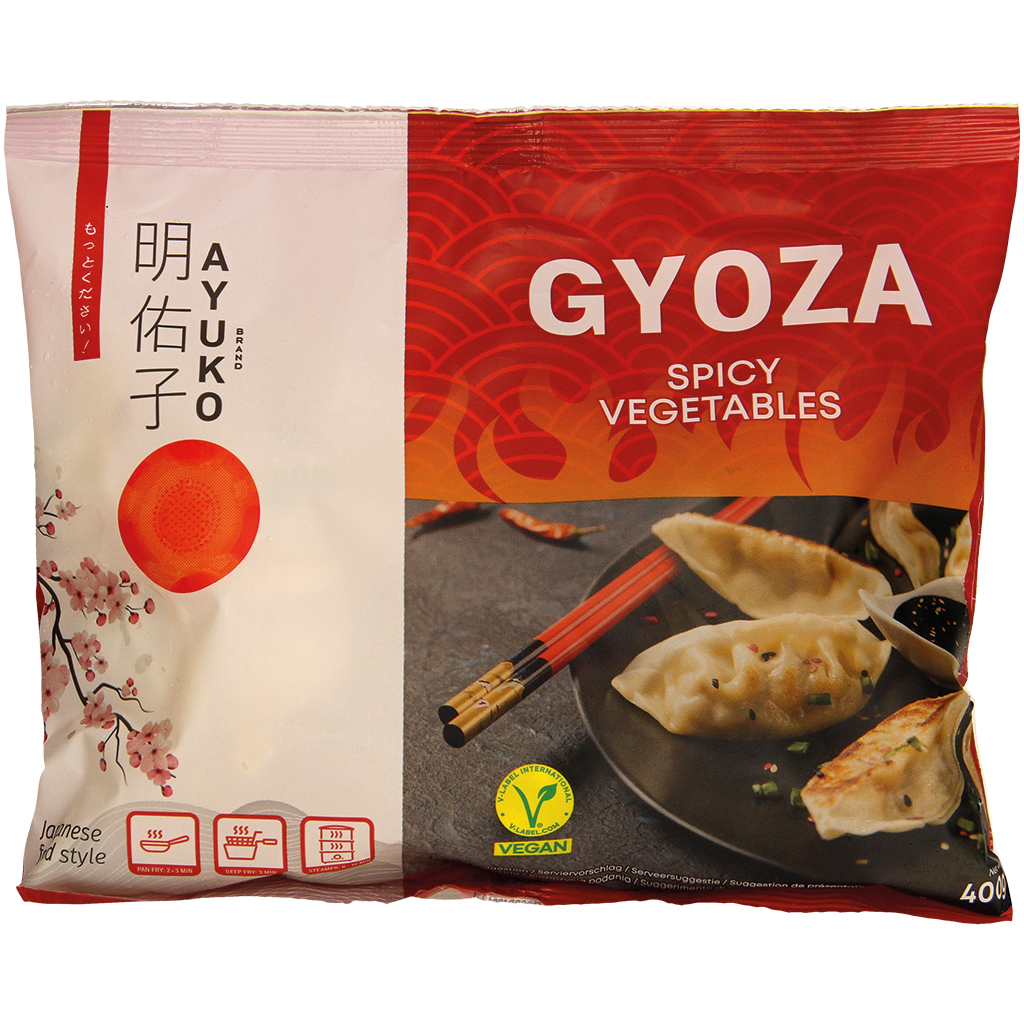 Vegan deegwaren met pittige groentenvulling, voorgekookt en diepgevroren "Gyoza"