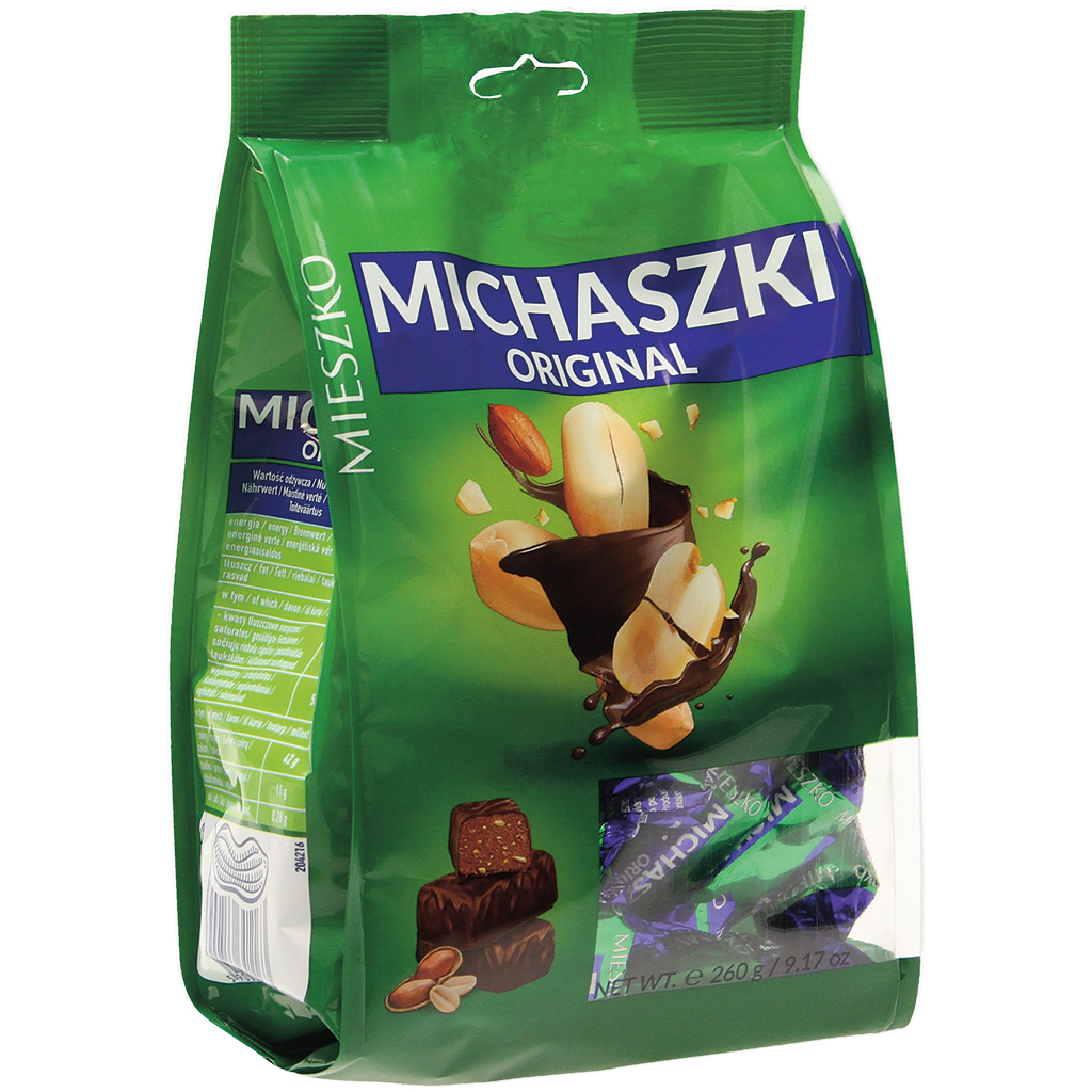 "MICHASZKI ORIGINAL" Geparfumeerde pinda snoep in een chocoladeachtige vetglazuur.