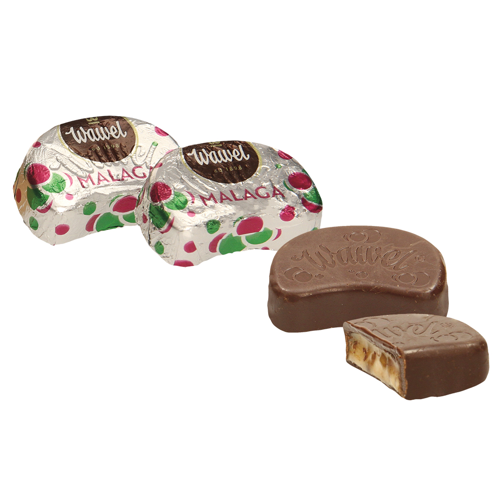 Pralines "Malaga" met rozijnen-crèmevulling (50%), met room smaak.