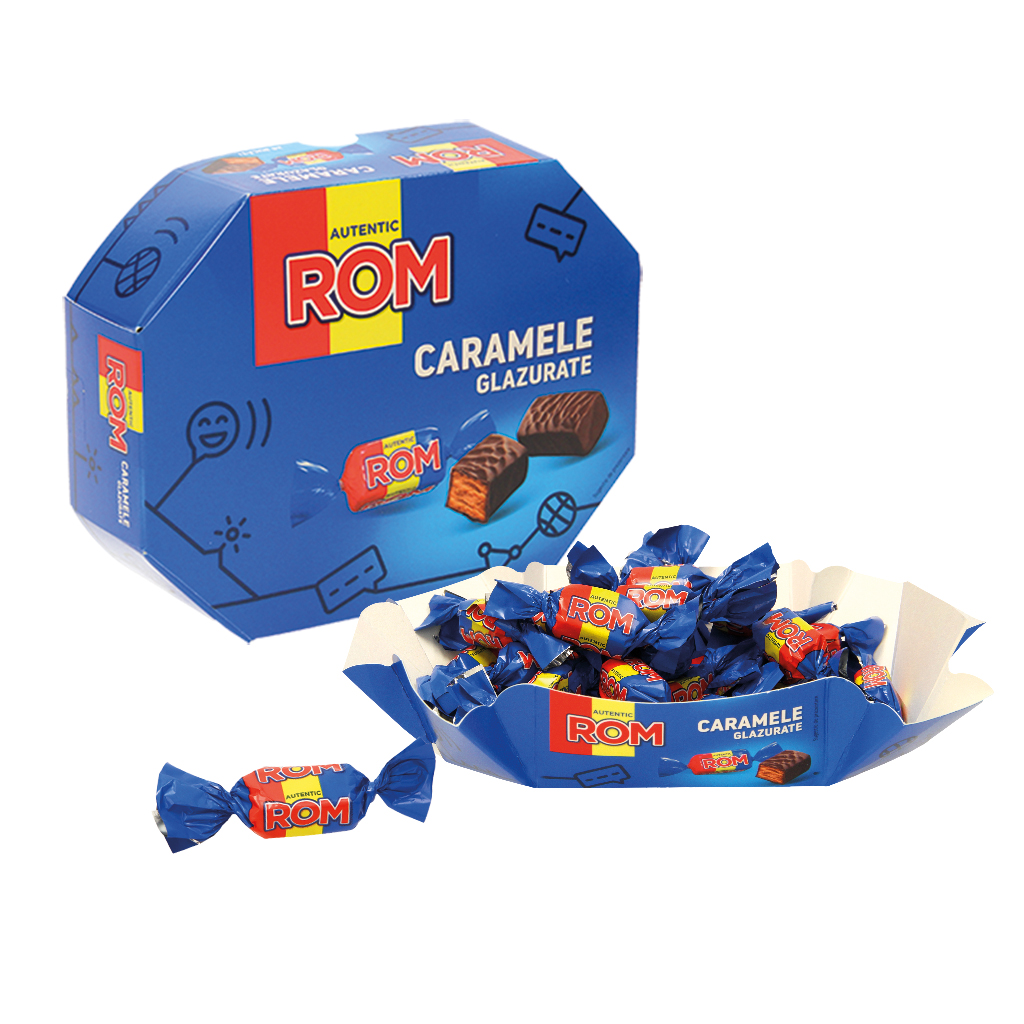 Zachte karamel "Caramele Glazurate" met rum smaakvulling (85%), omhuld met cacaohoudende vetglazuur.