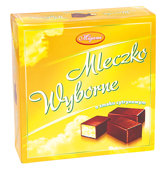 Schuimsuikerwarenconfect met citroensmaak in chocolade.