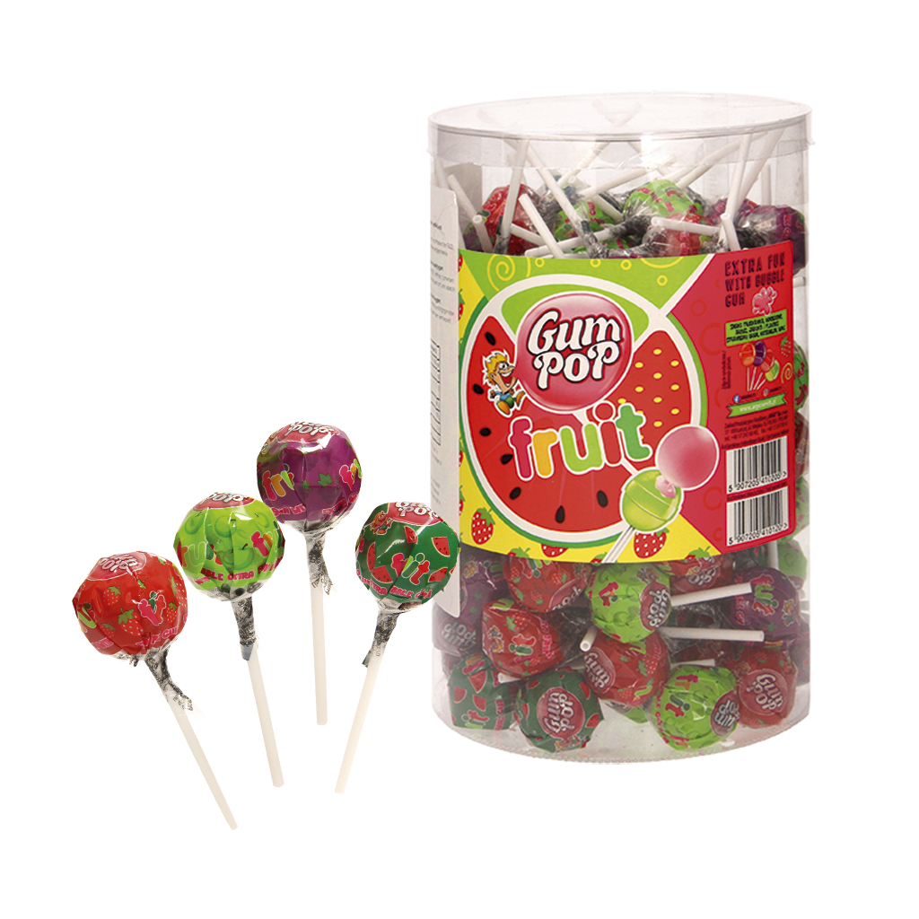 Mengsel van fruitlolly's met kauwgomvulling