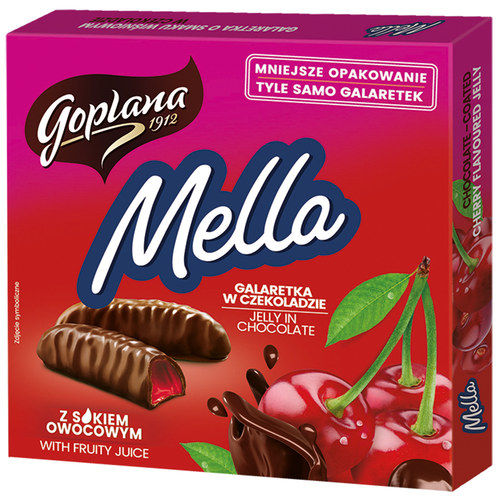 Geleekonfekt "Mella" met kersensmaak omhuld met chocolade.
