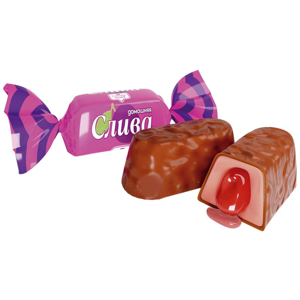 Confekt "Sliva" met vulling met pruimensmaak 10,6% in cacaohoudende vetglazuur 15%