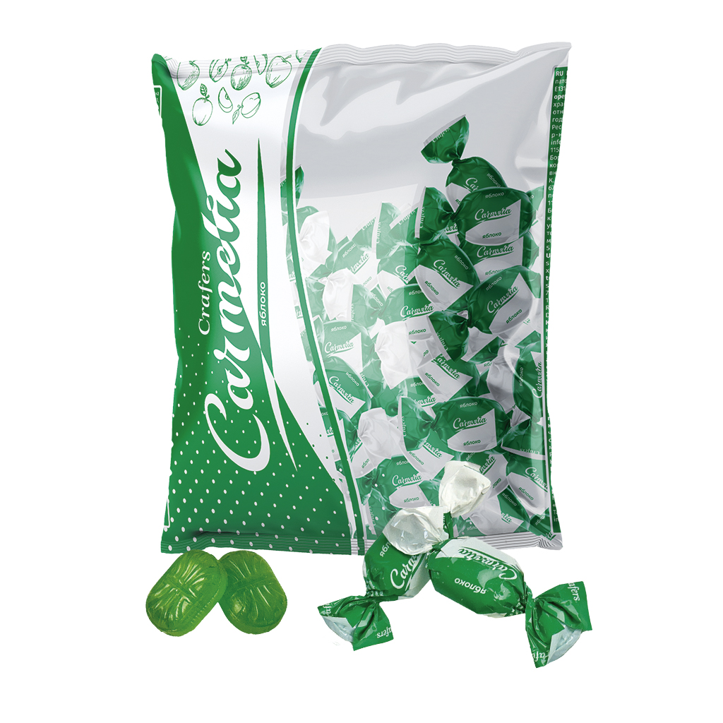 "CRAFERS" "Carmelia" Hartkaramellen met vulling (8%) met appelsmaak