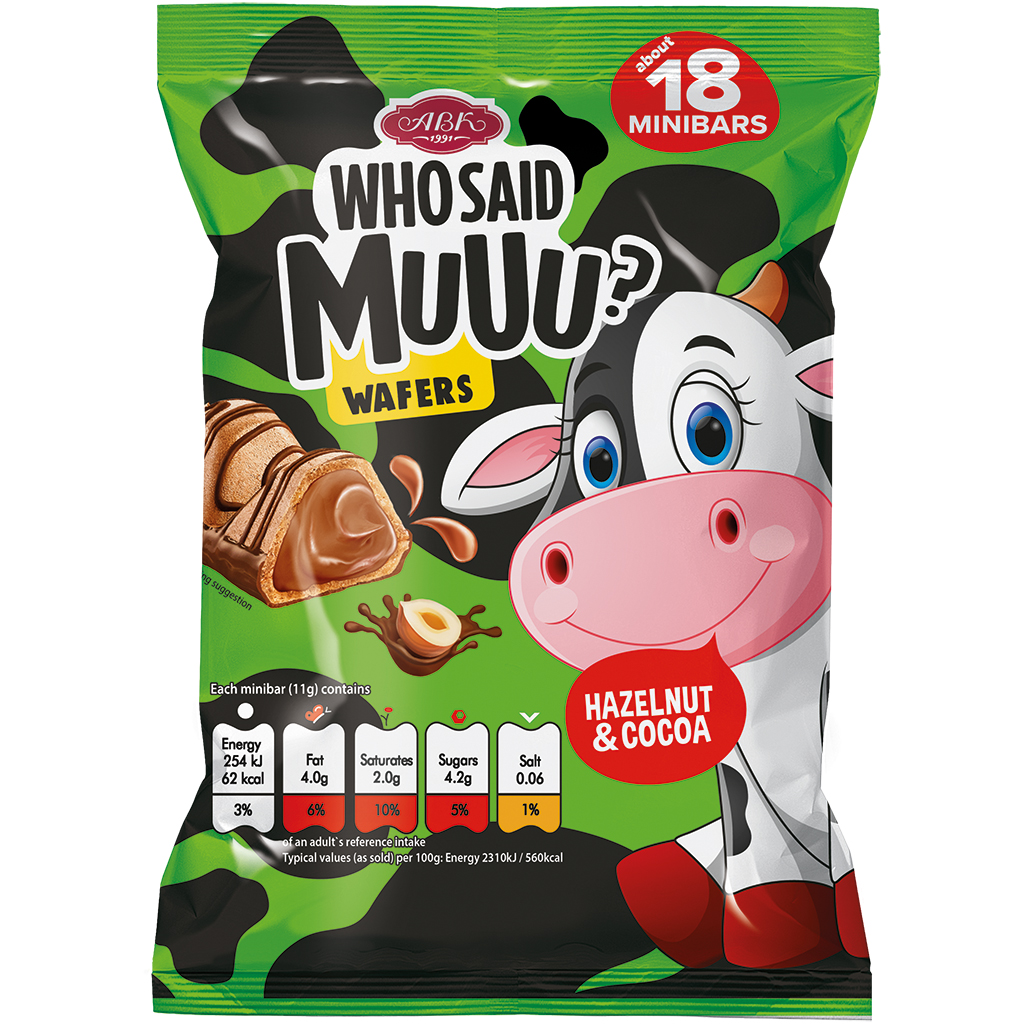 Wie zei MUUU?- Gevuld wafelconfekt 12,8% met hazelnoot-cacaovulling 61% en gedeeltelijk omhuld en versierd met melkchocolade. Melkchocolade bevat naast cacaoboter ook andere plantaardige vetten. Cacao in melkchocolade: minimaal 34%