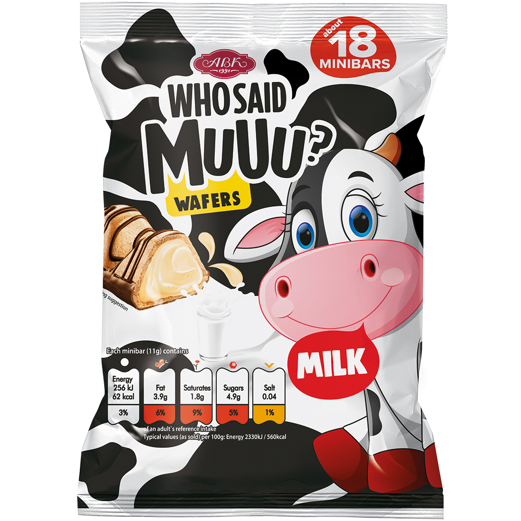 "Wie zei MUUU?" Gevulde wafelconfiserie 12,8% met melkvulling 61% en gedeeltelijk omhuld en versierd met melkchocolade. Melkchocolade bevat naast cacaoboter ook andere plantaardige vetten. Cacao in melkchocolade: minimaal 34%