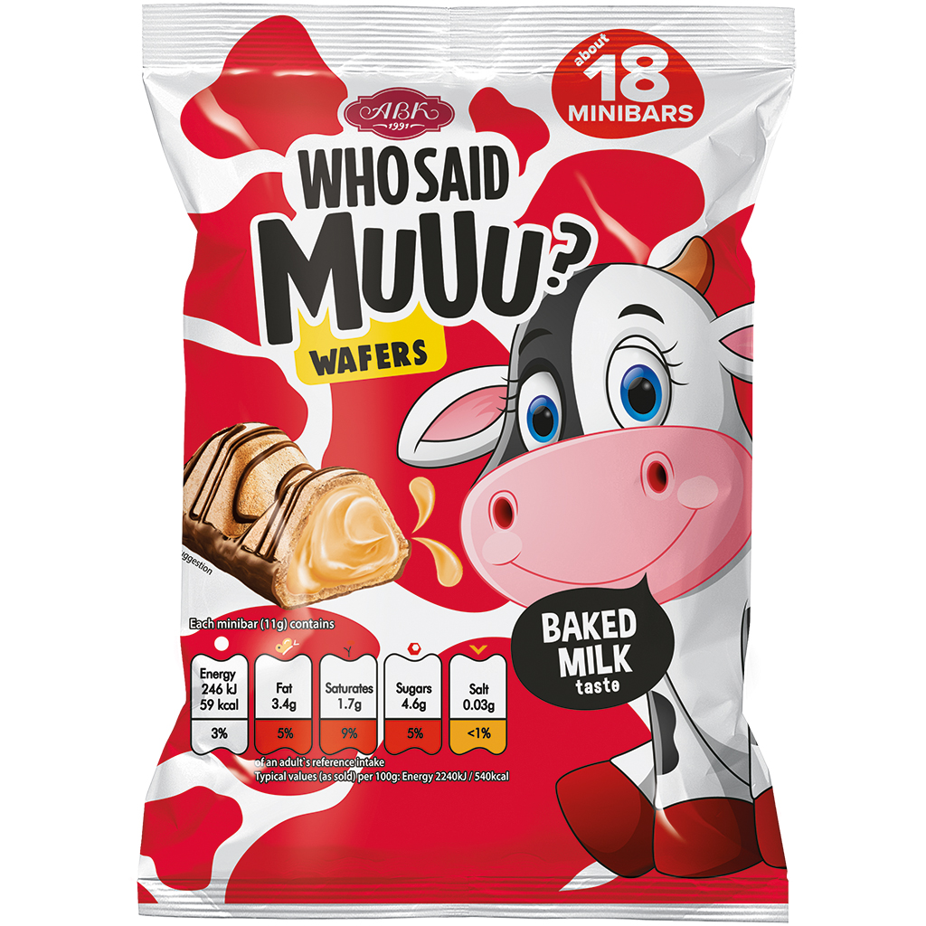 "Wie zei MUUU?" Gevulde wafelconfiserie 13,3% met ovenmelksmaakvulling 63,4% en gedeeltelijk omhuld en versierd met melkchocolade. Melkchocolade bevat naast cacaoboter ook andere plantaardige vetten. Cacao in melkchocolade: minimaal 34%
