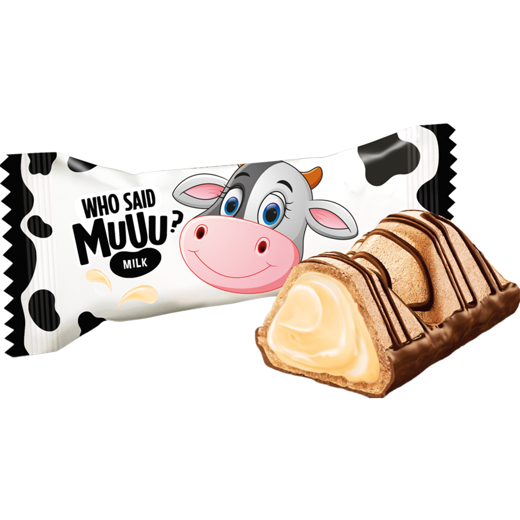 "Wie zei MUUU?" Gevuld wafelconfekt 12,8% met melkvulling 61% en gedeeltelijk omhuld en gedecoreerd met melkchocolade. Melkchocolade bevat naast cacaoboter ook plantaardige vetten. Cacao in melkchocolade: minimaal 34%