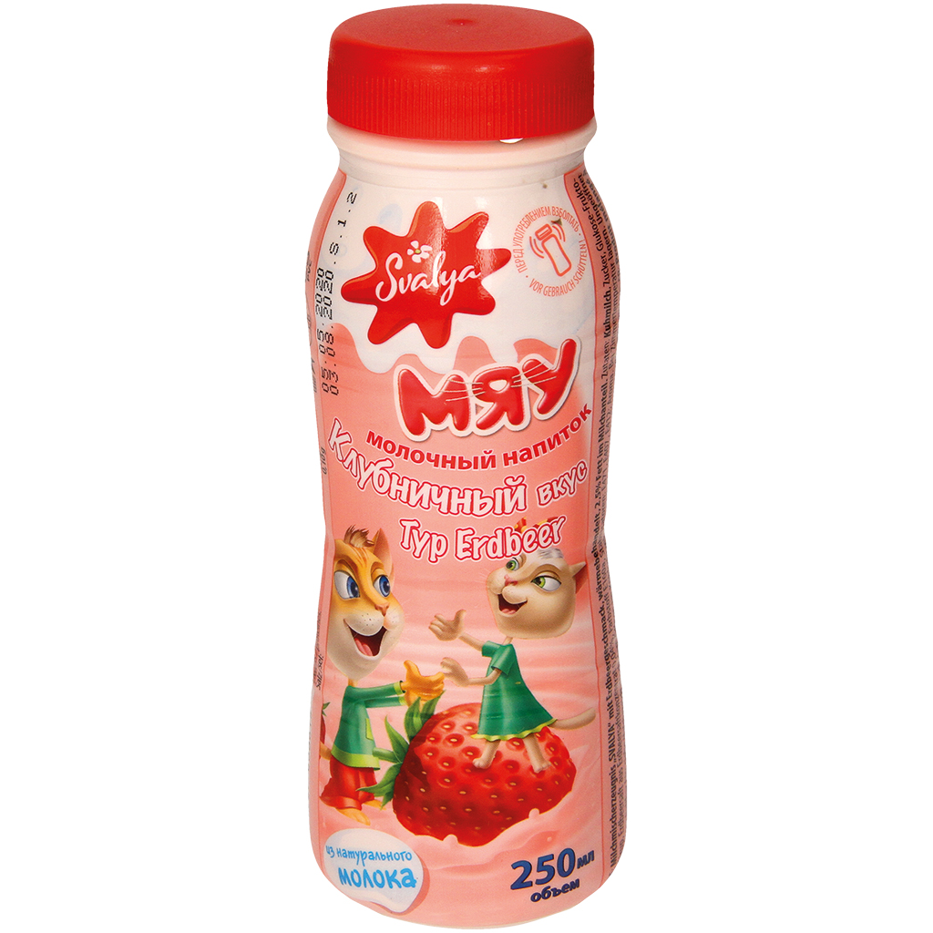 Melkmengsel "Mjau" met aardbeiensmaak, warmtebehandeld, 2,5% vet in het melkdeel.