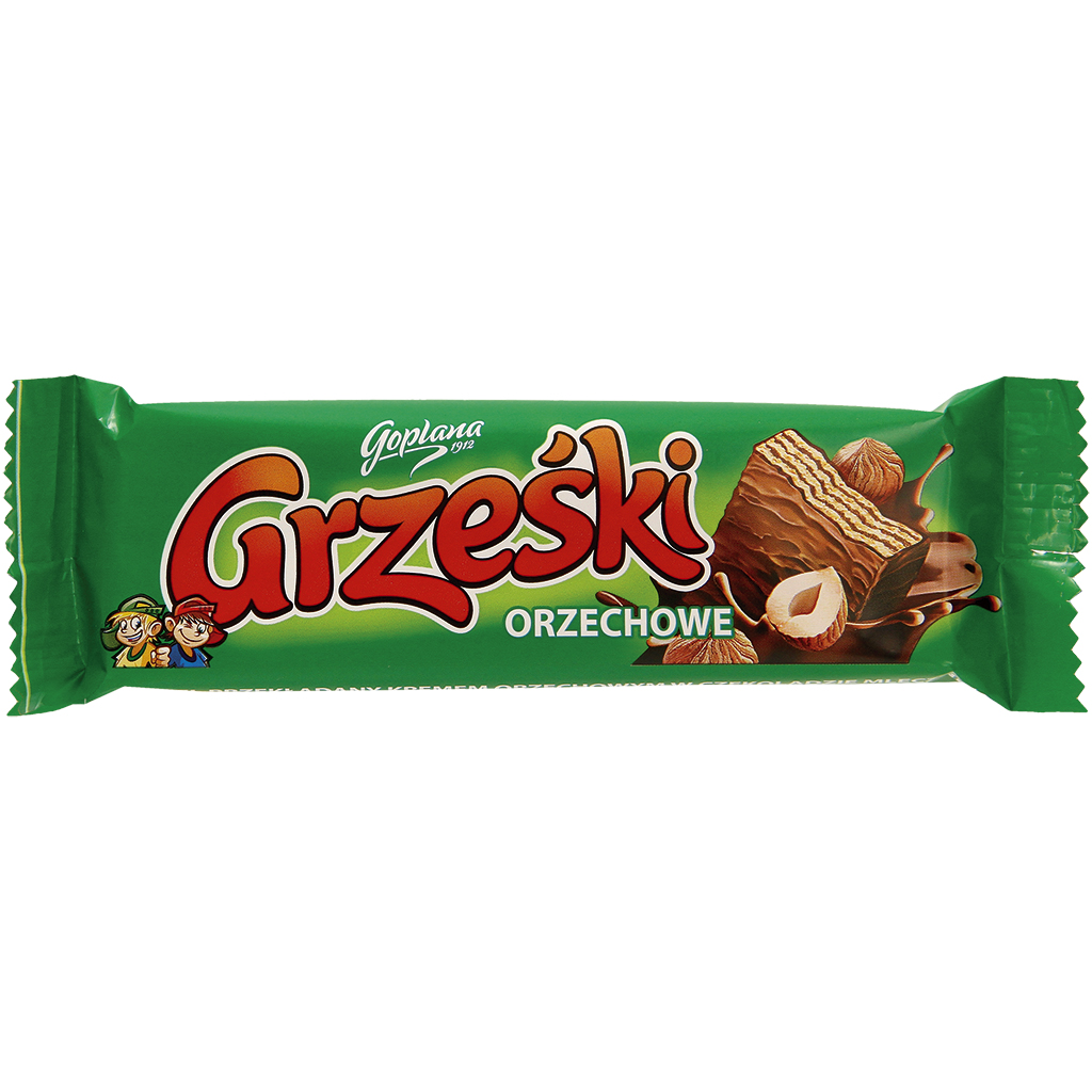 "Grzeski noten" Wafel met hazelnootsmaak-crème (48%) in melkchocolade. Chocolade bevat naast cacaoboter ook andere plantaardige vetten.