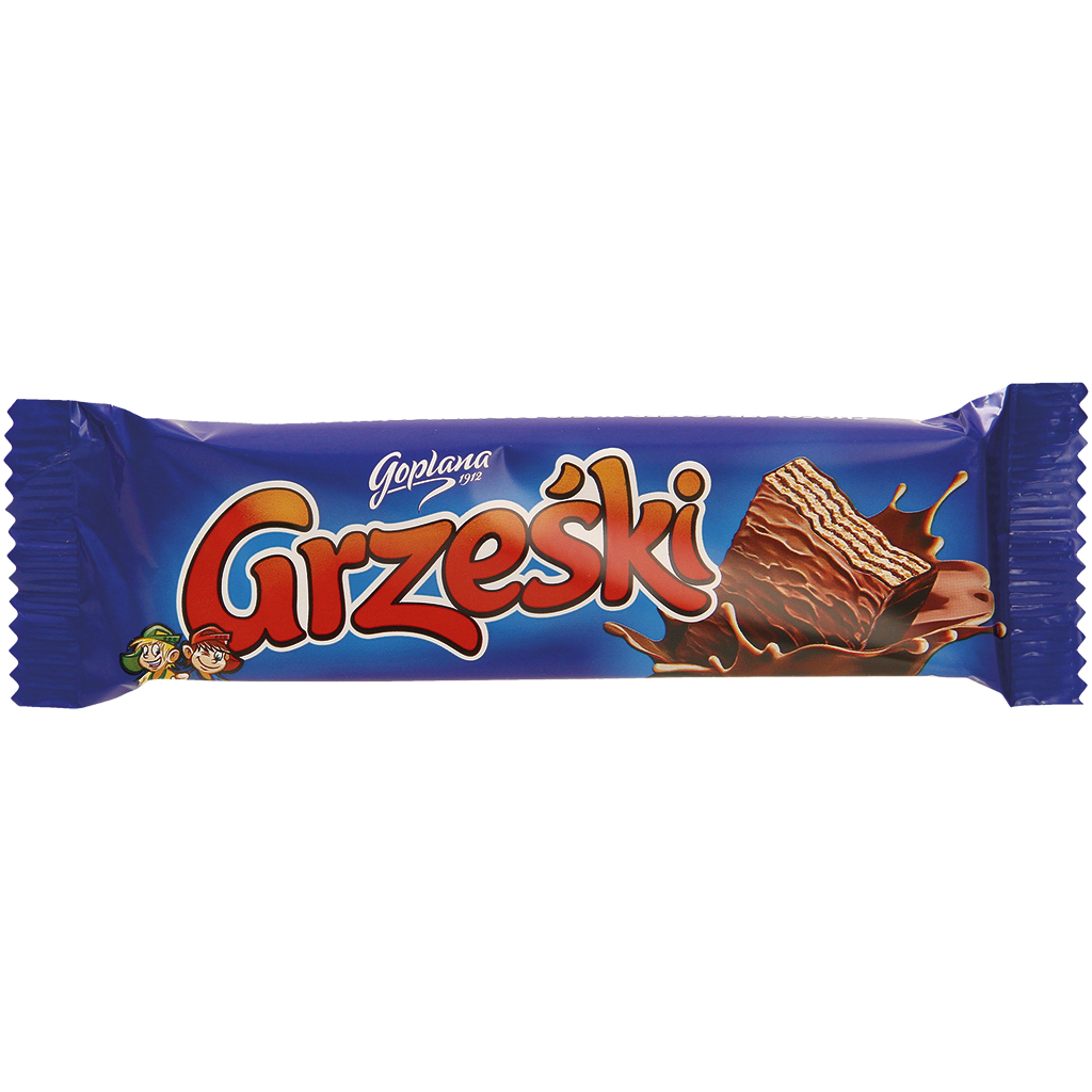"Grzeski" Wafel met cacaosmaak-crème (48%) in chocolade. Chocolade bevat naast cacaoboter ook andere plantaardige vetten.