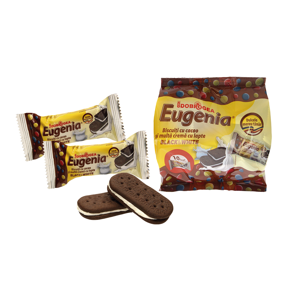 Doppelkeksen "Eugenia Black and White" met 40% romige vulling met melk smaak