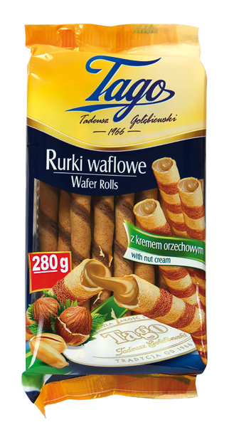 "Rurka Orzechowa" Вафельные трубочки с какао-арахисовым кремом (64%) со вкусом лесного ореха.