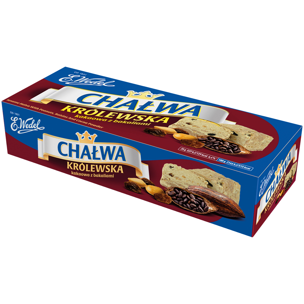 Halva "Krolewska" met Cacao, Rozijnen, Noten "Halva met vanillesmaak, cacao en gedroogd fruit"