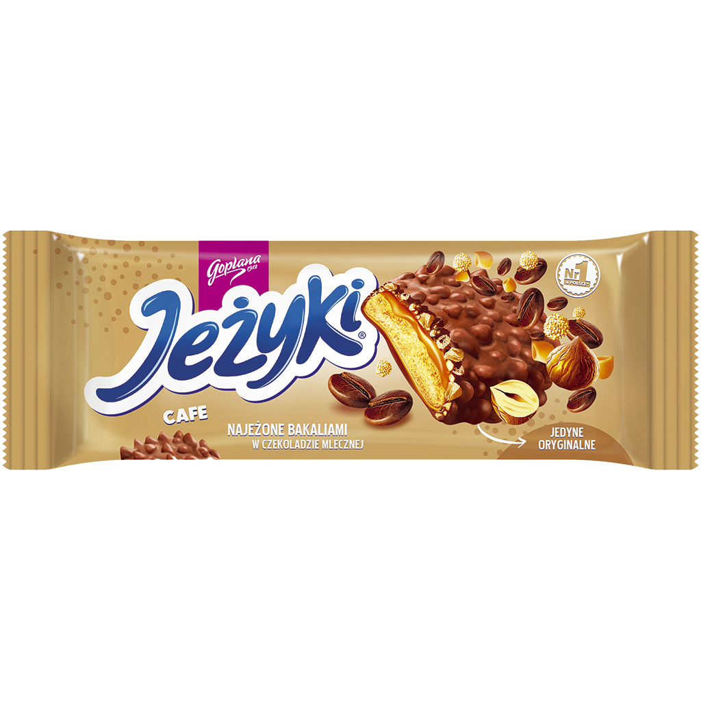 Jezyki cafe" Theebiscuit met 34,8% karamelcoating met koffiesmaak, graancrisps en hazelnoten, in melkchocolade. Chocolade bevat naast cacaoboter ook andere plantaardige vetten.