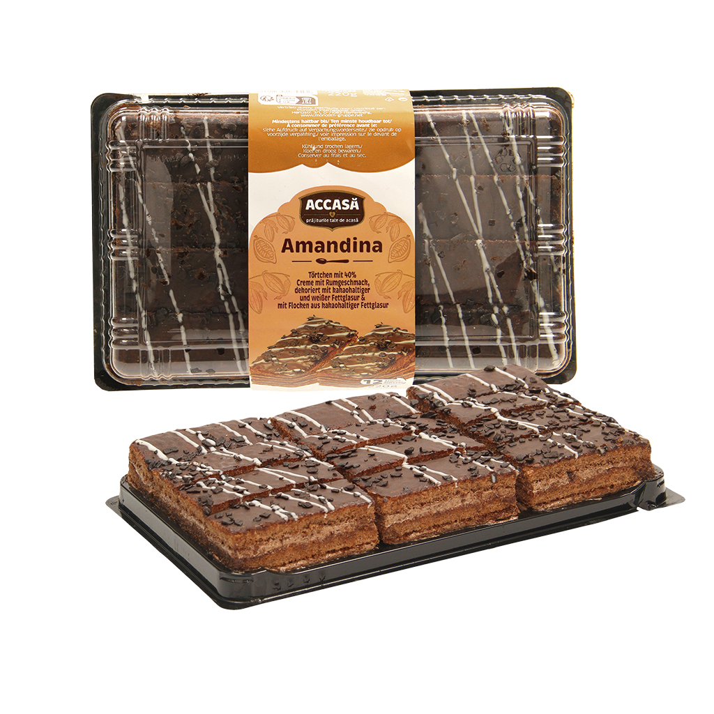 Бисквитные тортики с 40% кремом со вкусом рома, украшенные какаосодержащей и белой глазурью и хлопьями из какаосодержащей глазури
