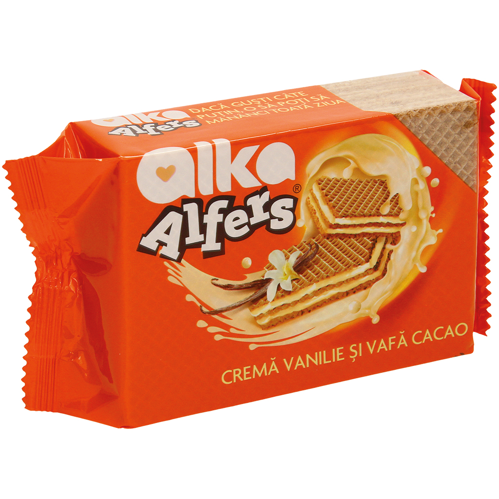 Cacaohoudende wafels met romige vulling met vanillesmaak (72%)
