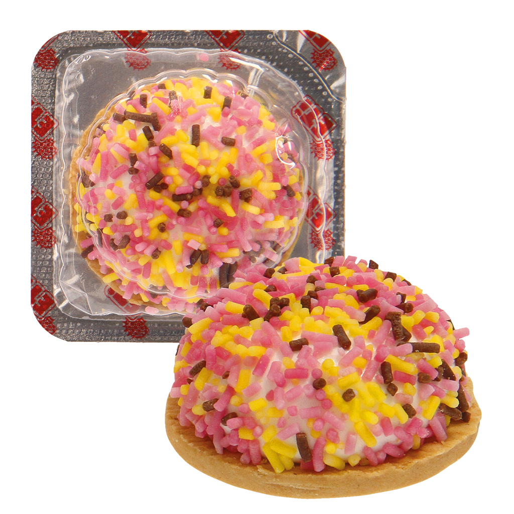 "Eti Puf kleur" Koekje met schuimsuiker (44,5%) en kleurrijke sprinkles (23,5%).