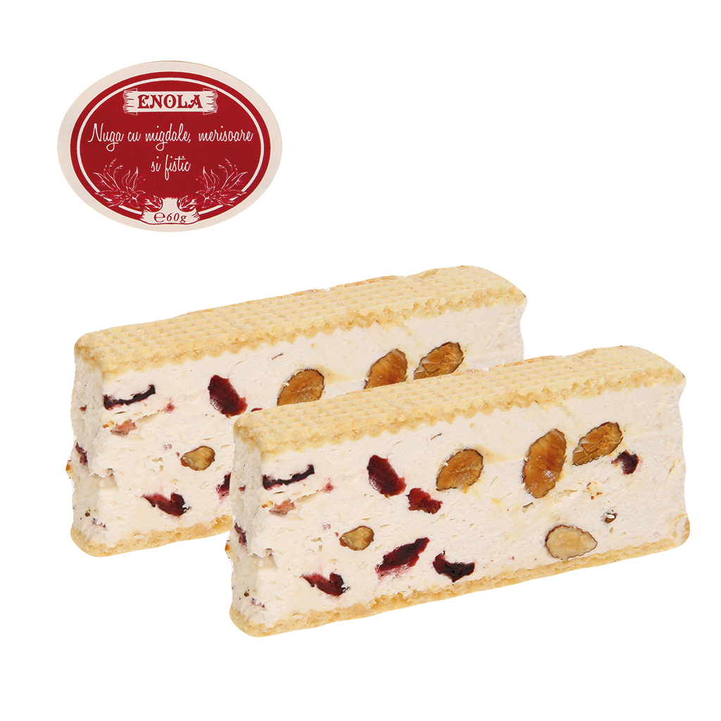 "Witte nougat met amandelen, veenbessen, pistachenoten en wafels. Ingrediënten"