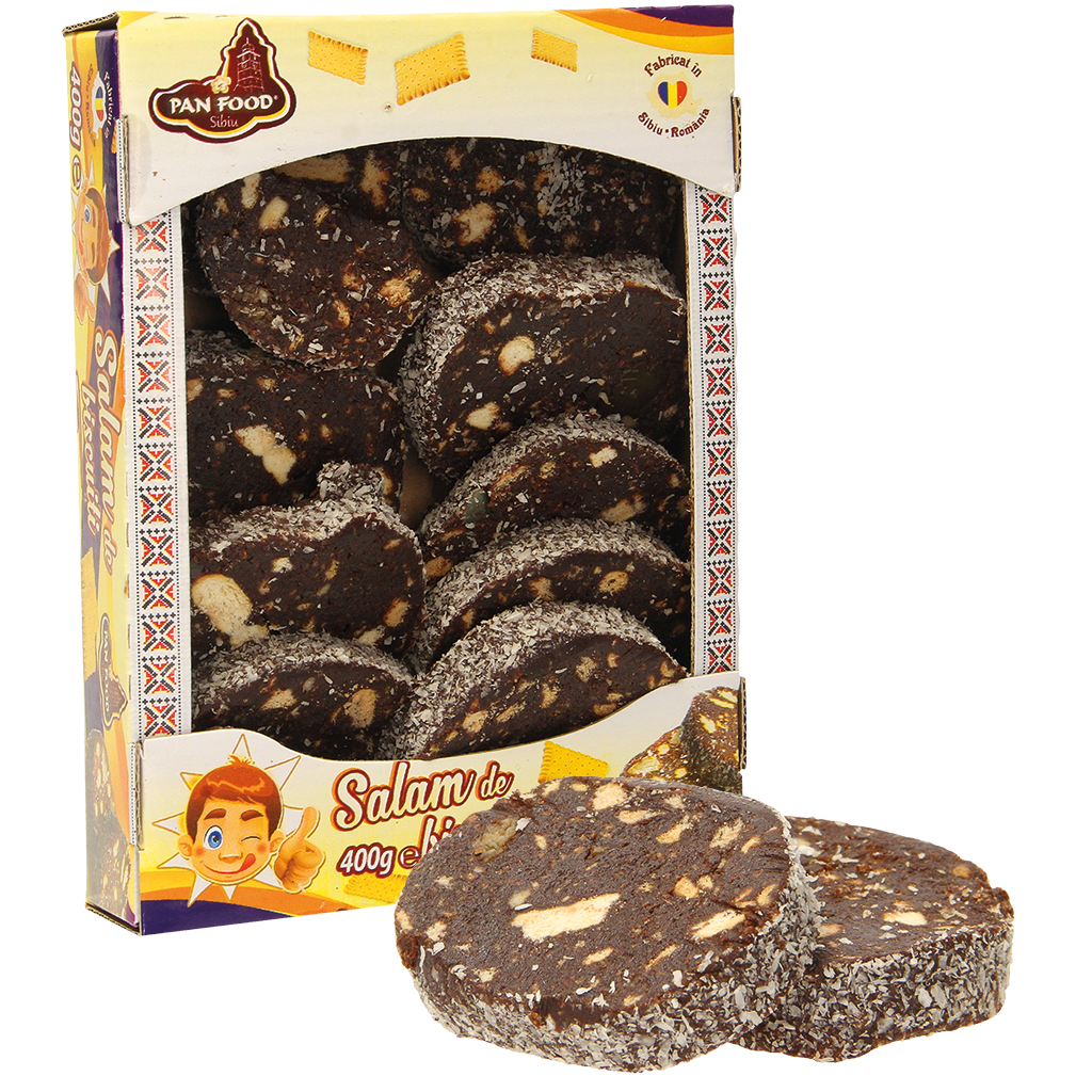 Cacaohoudend snoep "Salam de biscuiti" met koekjes, gelei stukjes en rozijnen
