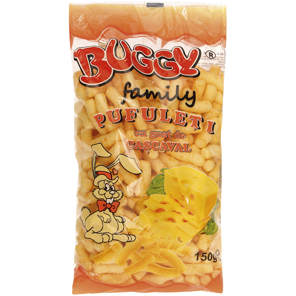 Buggy Family Cascaval Maïsnibbelproduct met 0,5% kaas-smaakpoeder.