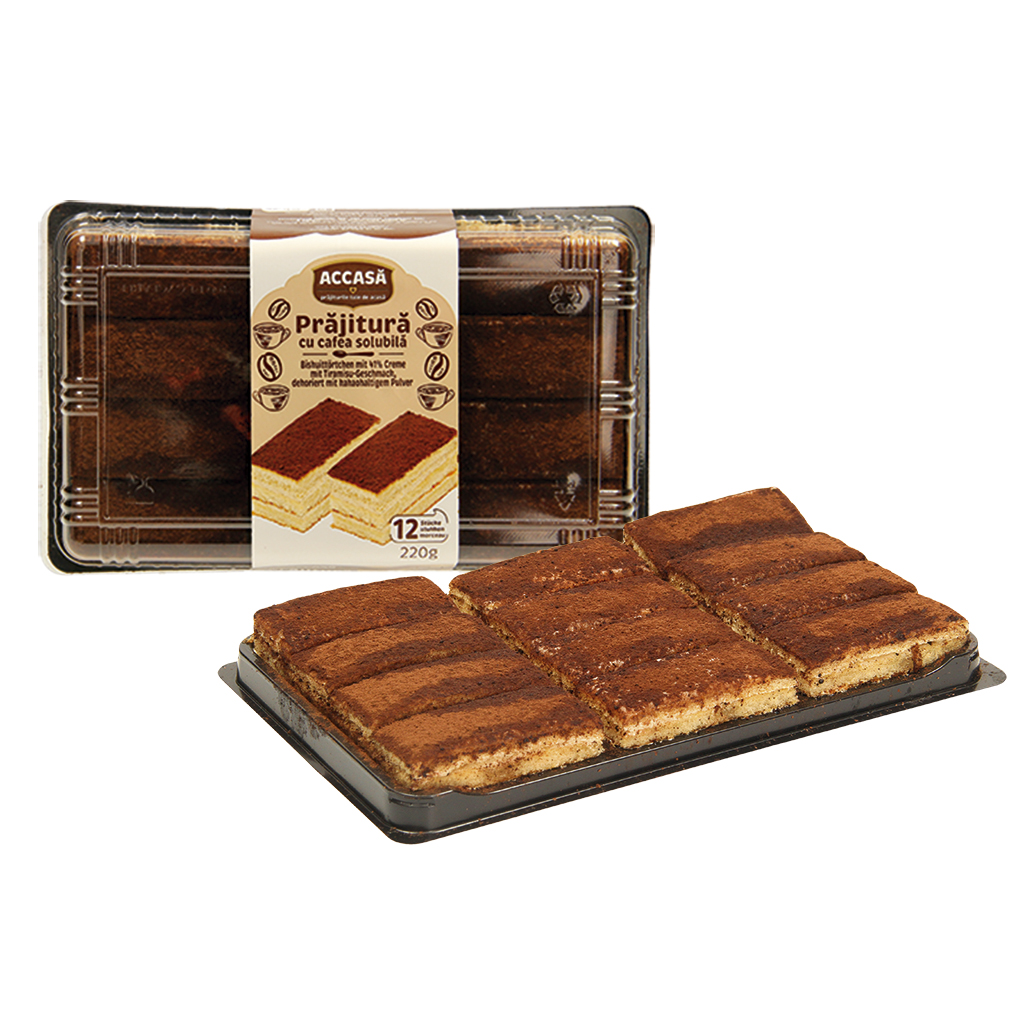 Biskuittörtjes met 41% crème met tiramisu-smaak, versierd met cacaopoeder.