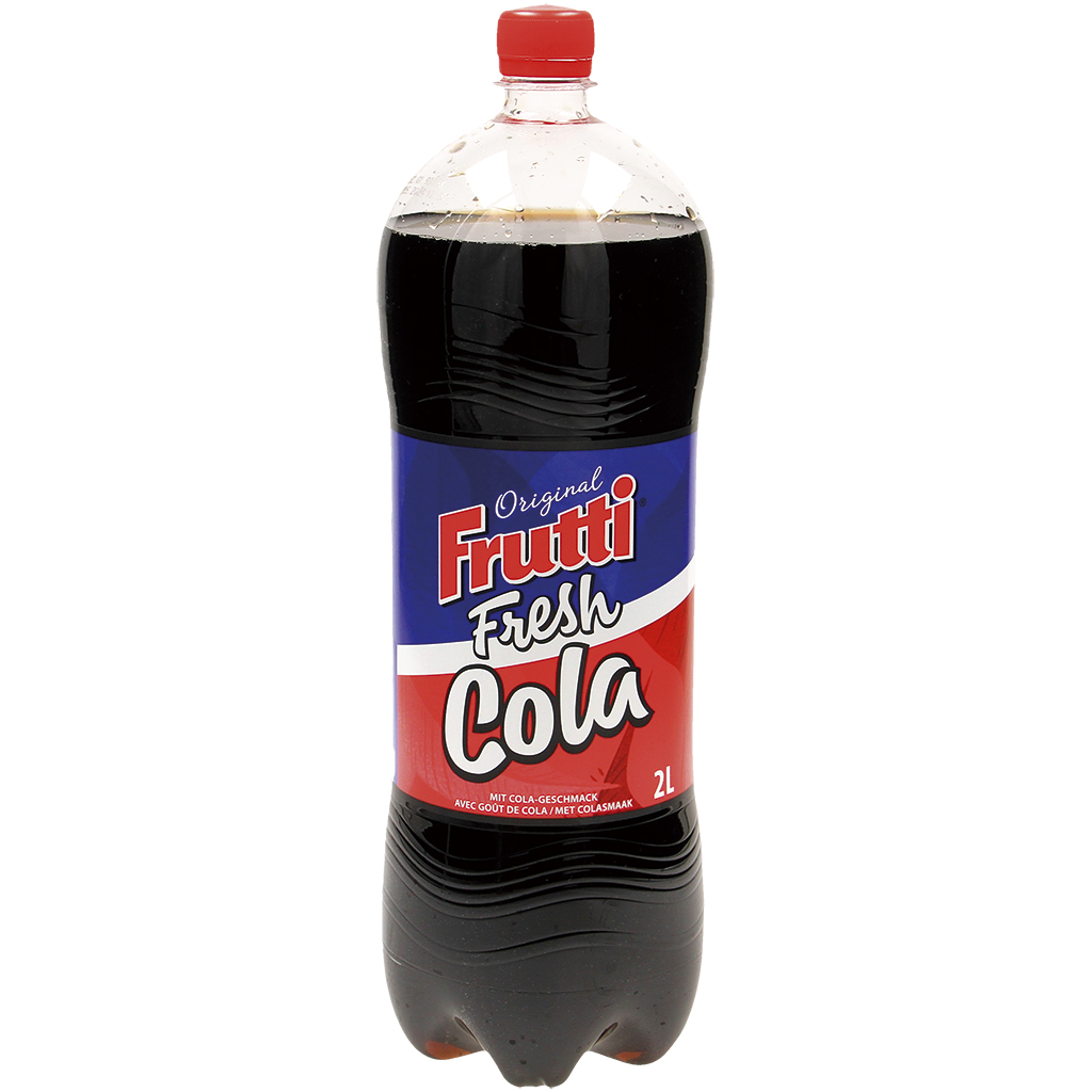 Koolzuurhoudende en cafeïne bevattende frisdrank - "Frutti Fresh" met colasmaak, met suiker en zoetstoffen.