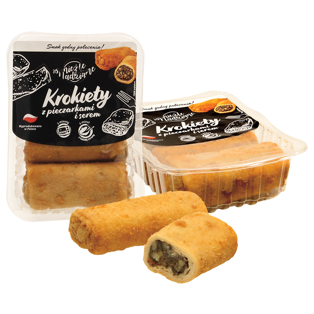 Krokets met champignons en kaas, voorgekookt. Vulling: 49%.